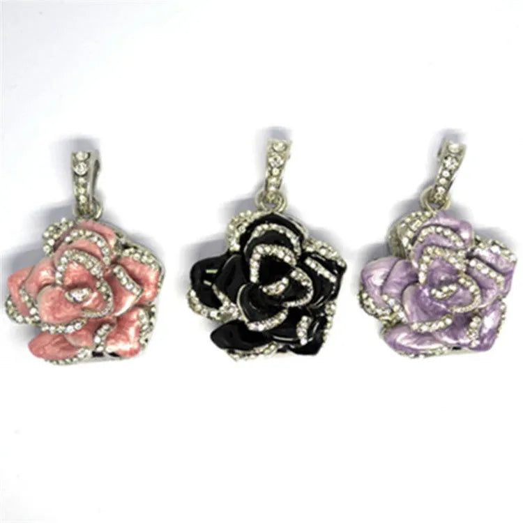 Diamond-studded metal rose flower crystal USB flash drive with USB 2.0 interface in blue colour option