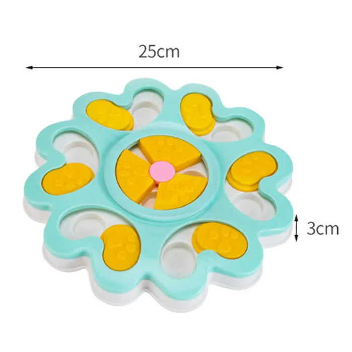 Blue dog treat-dispensing puzzle toy made of ABS plastic, 25cm size, on a light background