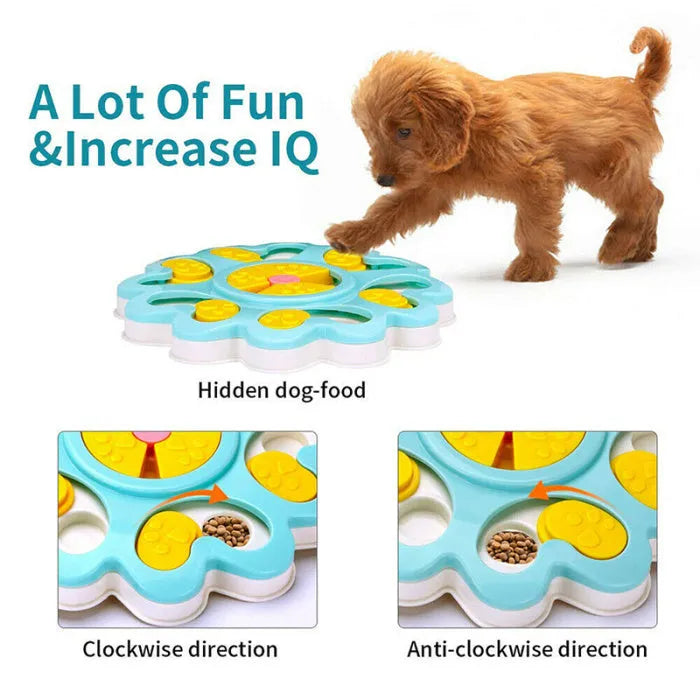 Blue dog treat-dispensing puzzle toy made of ABS plastic, 25cm size, on a light background
