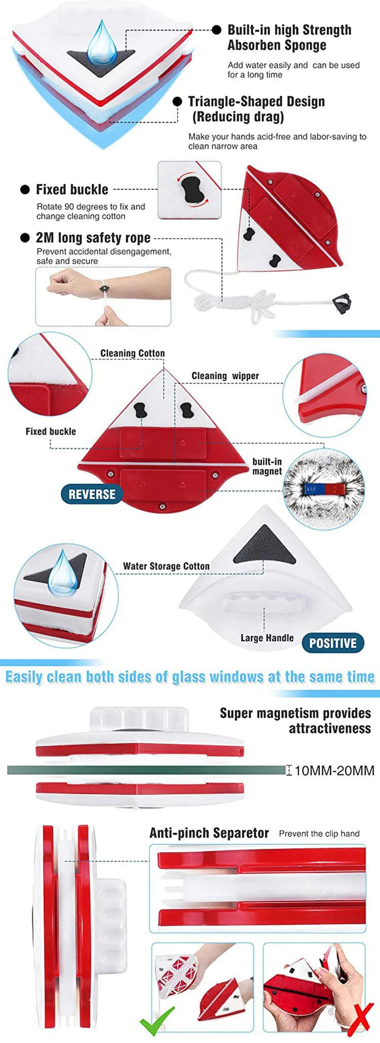 Magnetic window cleaner in blue, green, and red options for double-sided glass cleaning