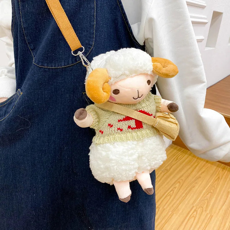 Little Sheep plush crossbody bag in blue with square shape, zip opening and lamb pattern