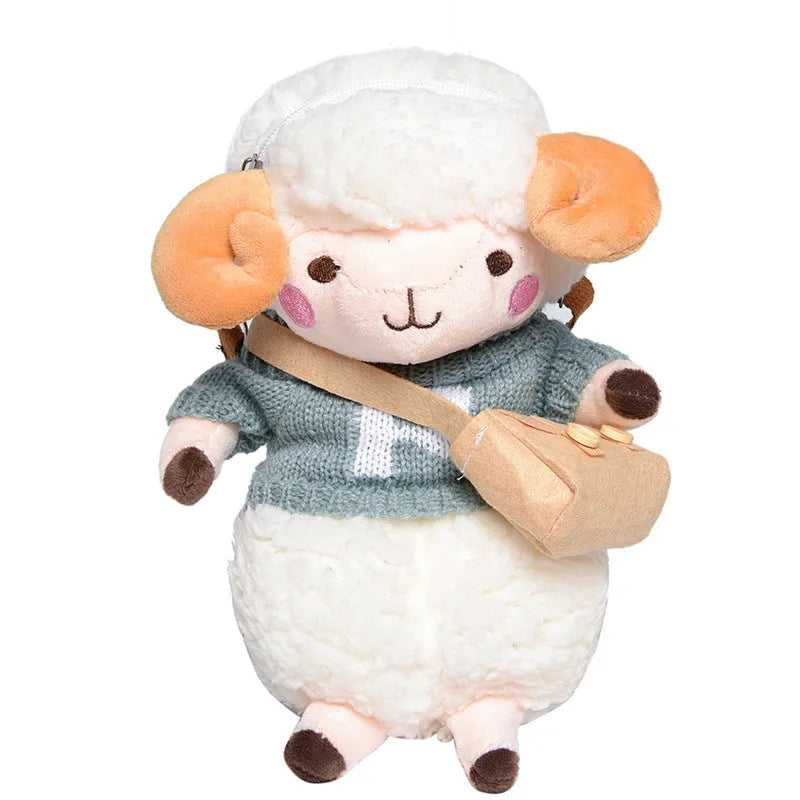 Little Sheep plush crossbody bag in blue with square shape, zip opening and lamb pattern