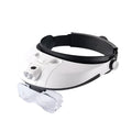 LED headband magnifier model 81001-G with interchangeable lenses and lights on a workbench.