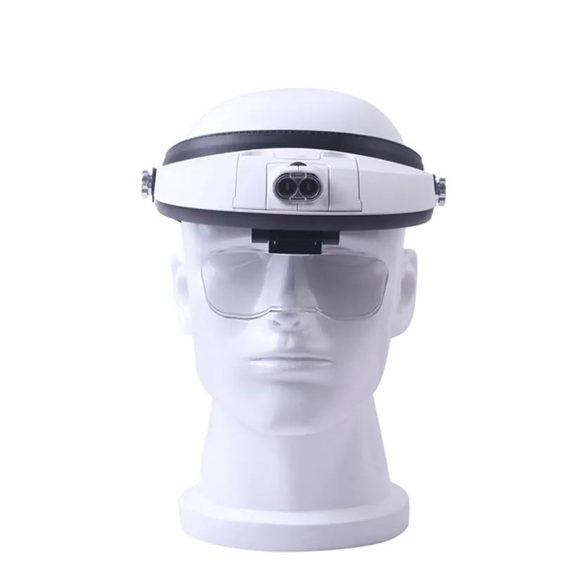 LED headband magnifier model 81001-G with interchangeable lenses and lights on a workbench.