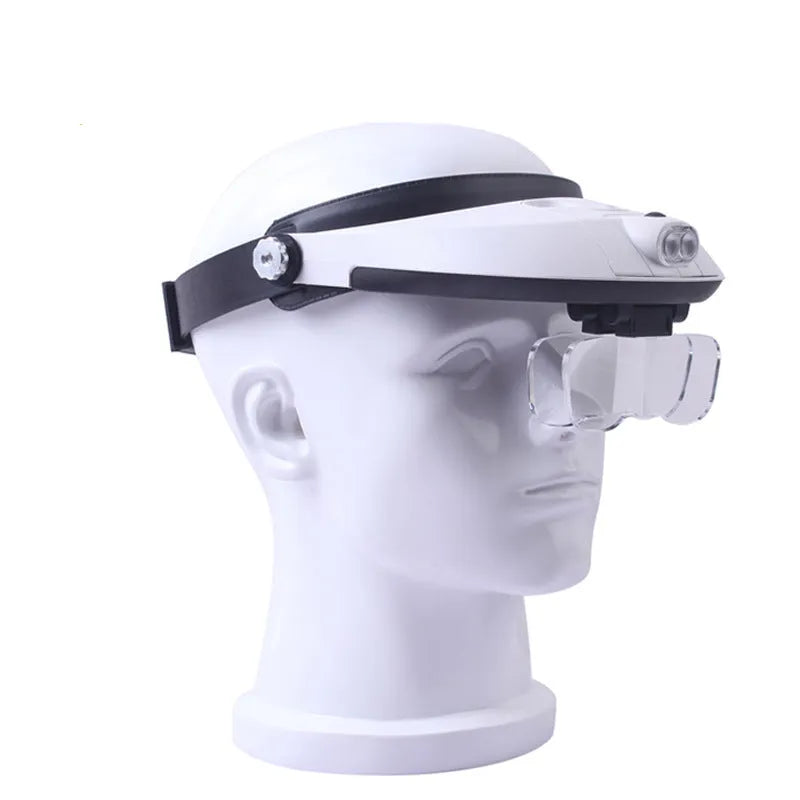 LED headband magnifier model 81001-G with interchangeable lenses and lights on a workbench.