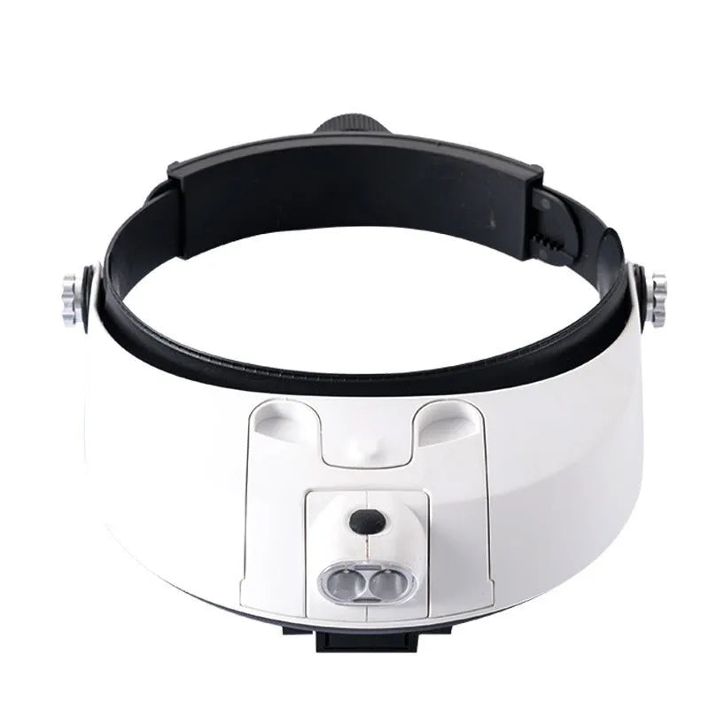 LED headband magnifier model 81001-G with interchangeable lenses and lights on a workbench.