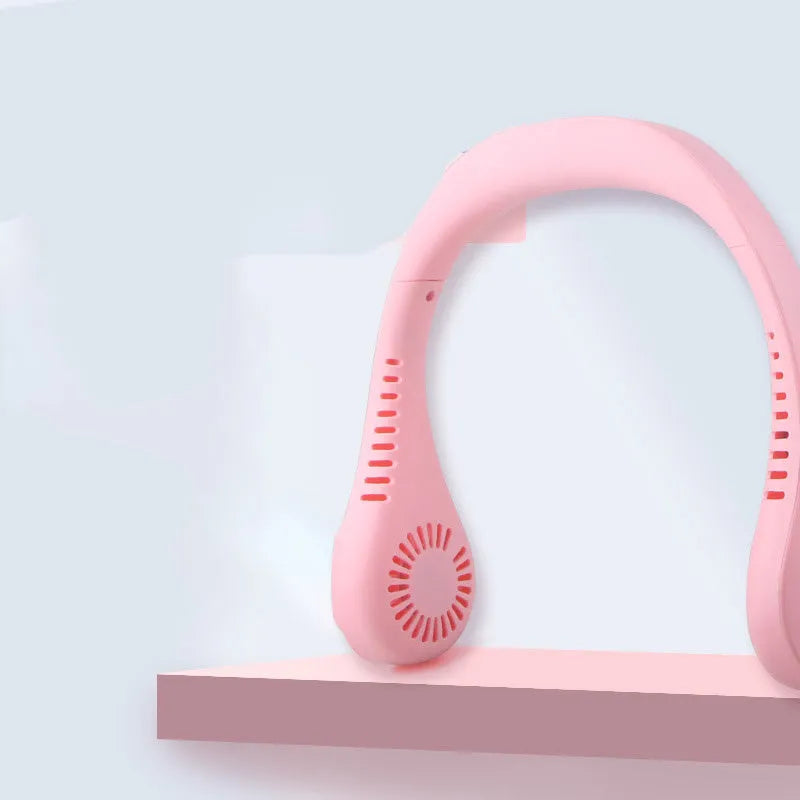 Portable USB rechargeable neck fan in pink and blue with three speed settings for hands-free cooling