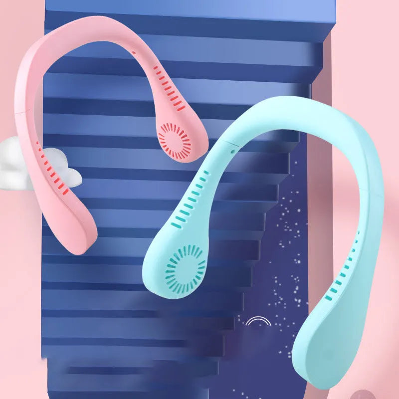 Portable USB rechargeable neck fan in pink and blue with three speed settings for hands-free cooling