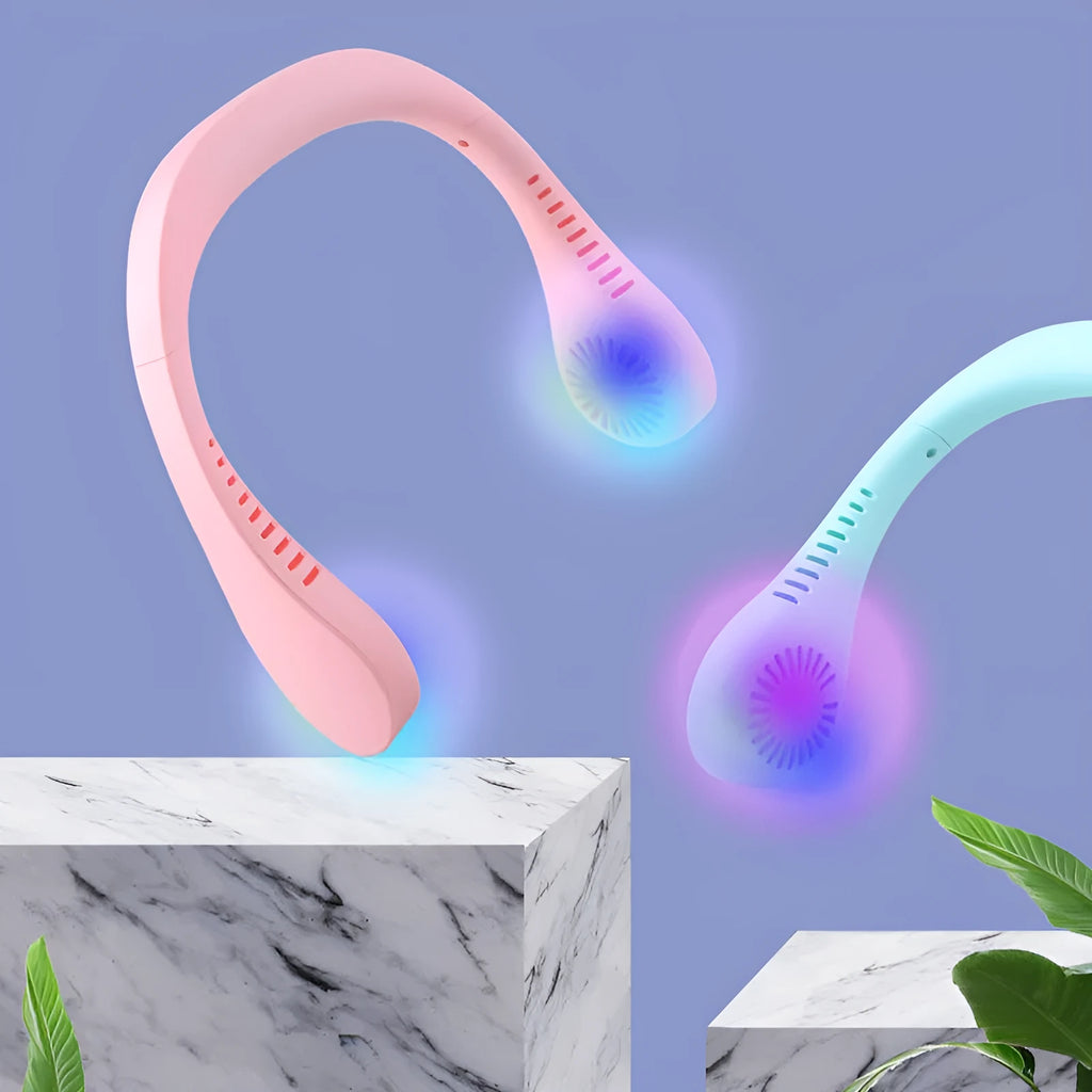 Portable USB rechargeable neck fan in pink and blue with three speed settings for hands-free cooling