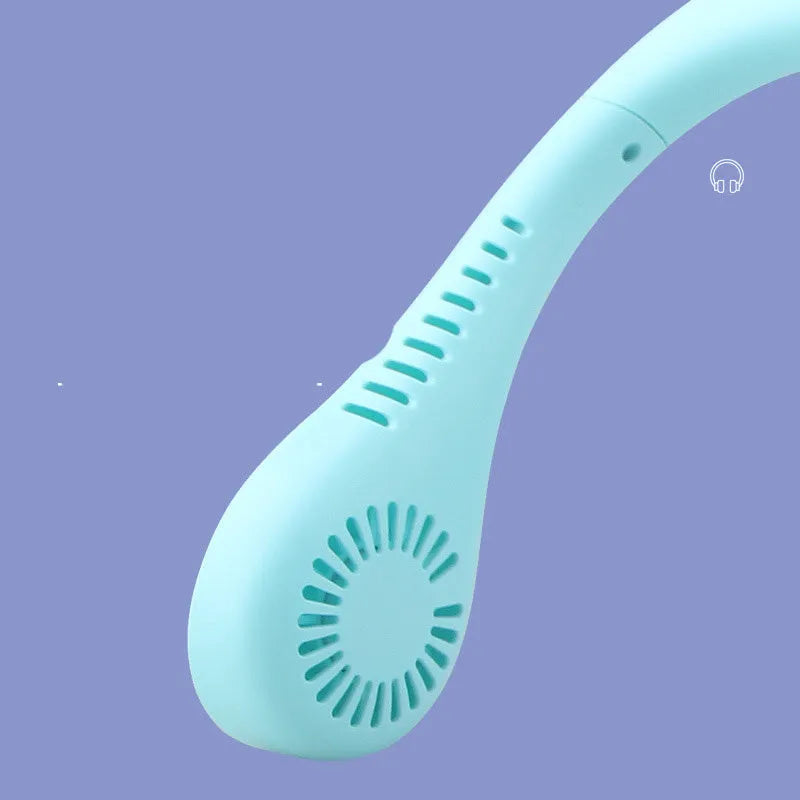 Portable USB rechargeable neck fan in pink and blue with three speed settings for hands-free cooling