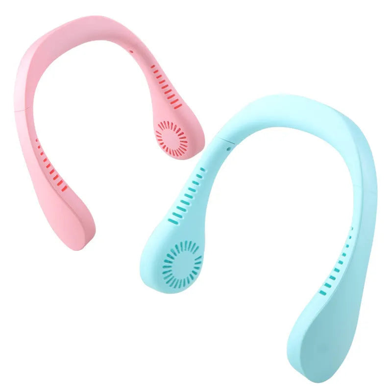 Portable USB rechargeable neck fan in pink and blue with three speed settings for hands-free cooling