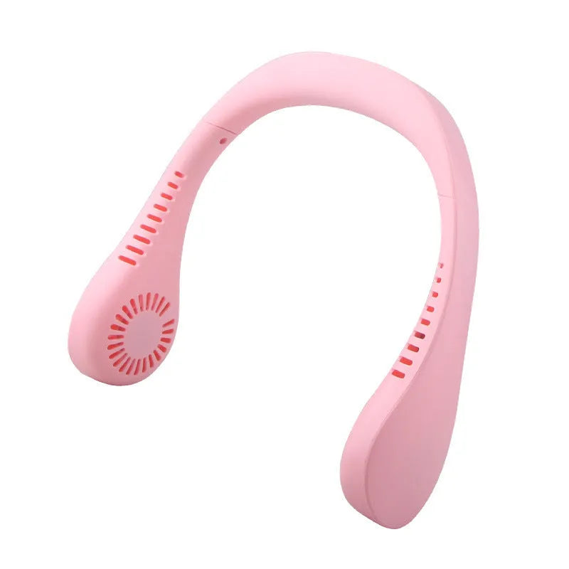 Portable USB rechargeable neck fan in pink and blue with three speed settings for hands-free cooling