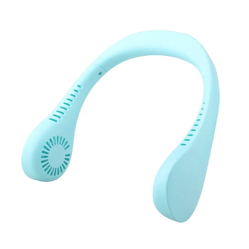 Portable USB rechargeable neck fan in pink and blue with three speed settings for hands-free cooling
