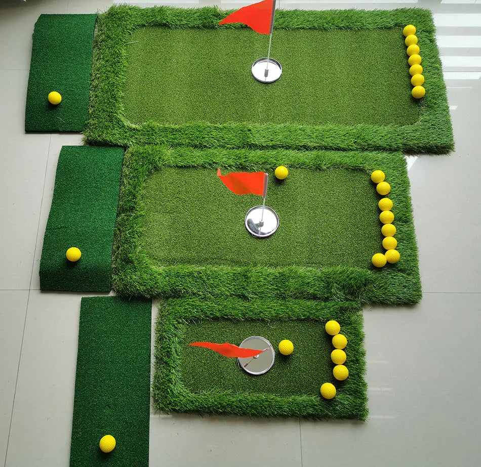Green custom-sized golf putting training mat with PP artificial grass surface and EVA foam backing.