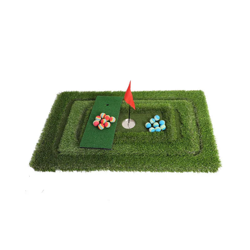 Green custom-sized golf putting training mat with PP artificial grass surface and EVA foam backing.