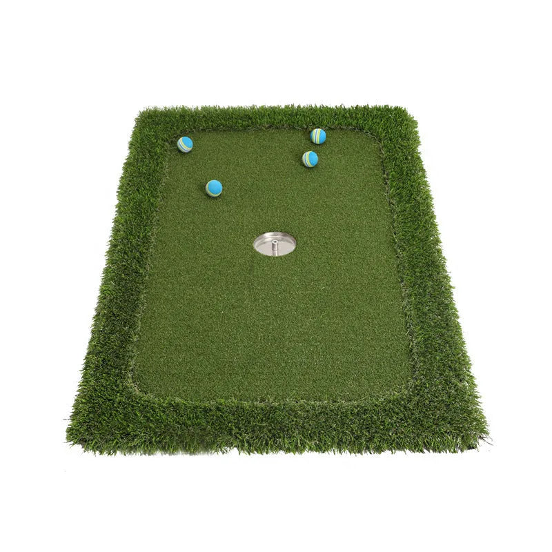 Green custom-sized golf putting training mat with PP artificial grass surface and EVA foam backing.