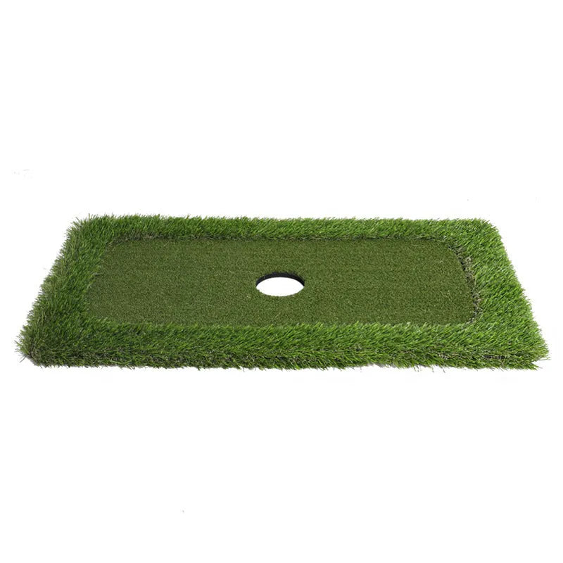 Green custom-sized golf putting training mat with PP artificial grass surface and EVA foam backing.