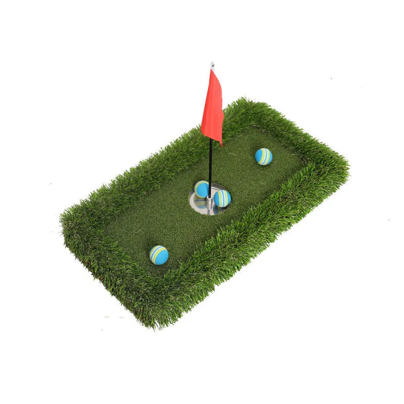 Green custom-sized golf putting training mat with PP artificial grass surface and EVA foam backing.