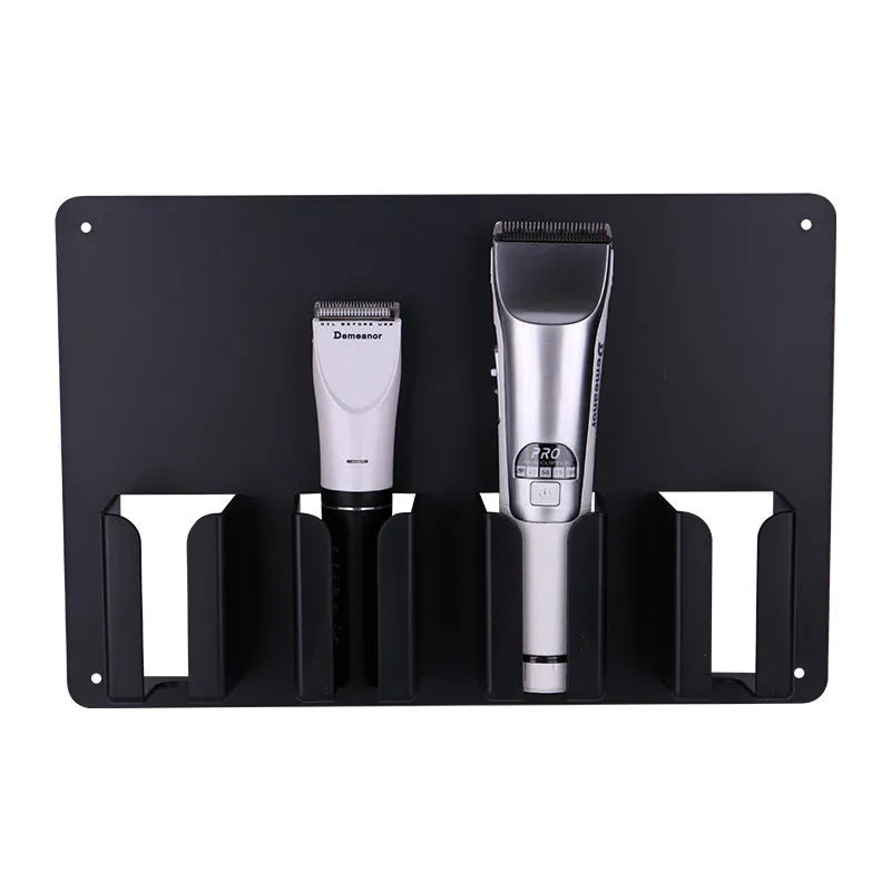 Black plastic wall-mounted frame for storing four electric hair clippers with included screws.
