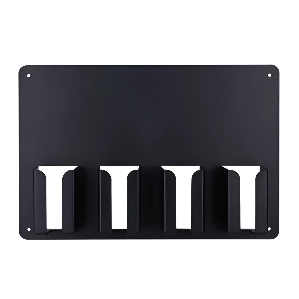 Black plastic wall-mounted frame for storing four electric hair clippers with included screws.