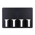 Black plastic wall-mounted frame for storing four electric hair clippers with included screws.