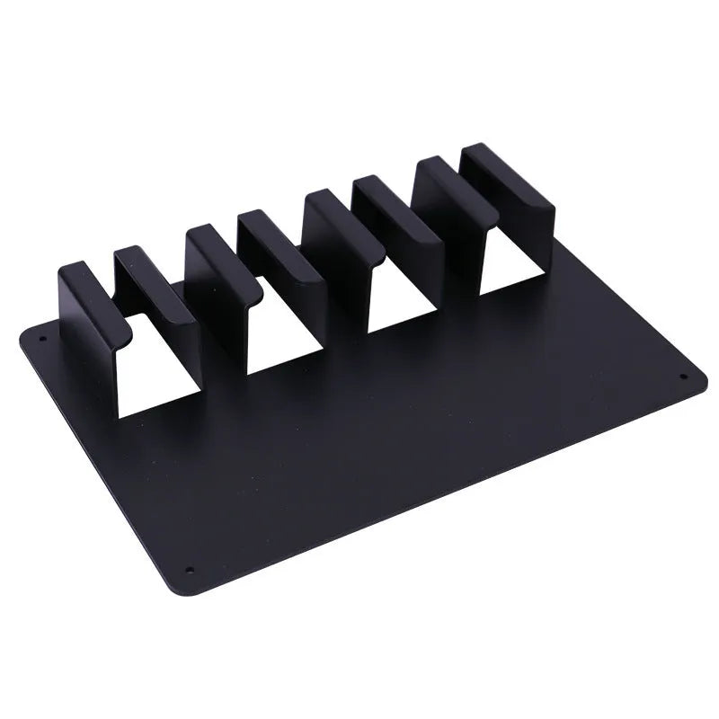 Black plastic wall-mounted frame for storing four electric hair clippers with included screws.