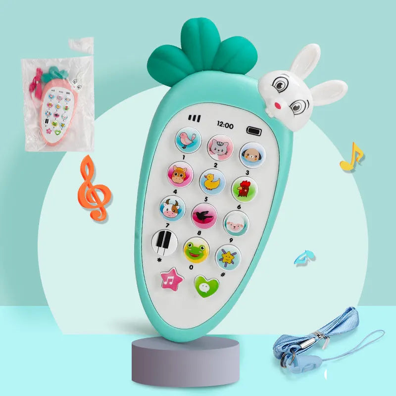Baby electronic phone toy in pink colour with buttons for sound play, measuring 15 x 9 x 2 cm