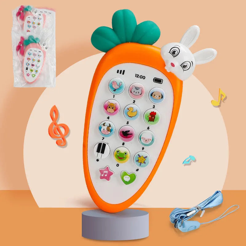 Baby electronic phone toy in pink colour with buttons for sound play, measuring 15 x 9 x 2 cm