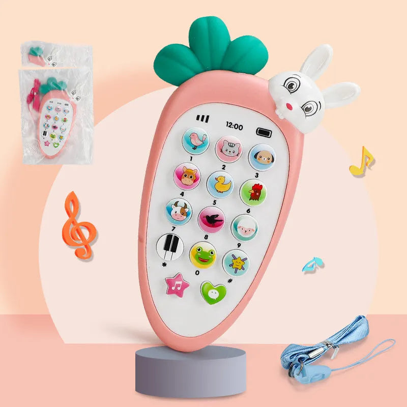 Baby electronic phone toy in pink colour with buttons for sound play, measuring 15 x 9 x 2 cm