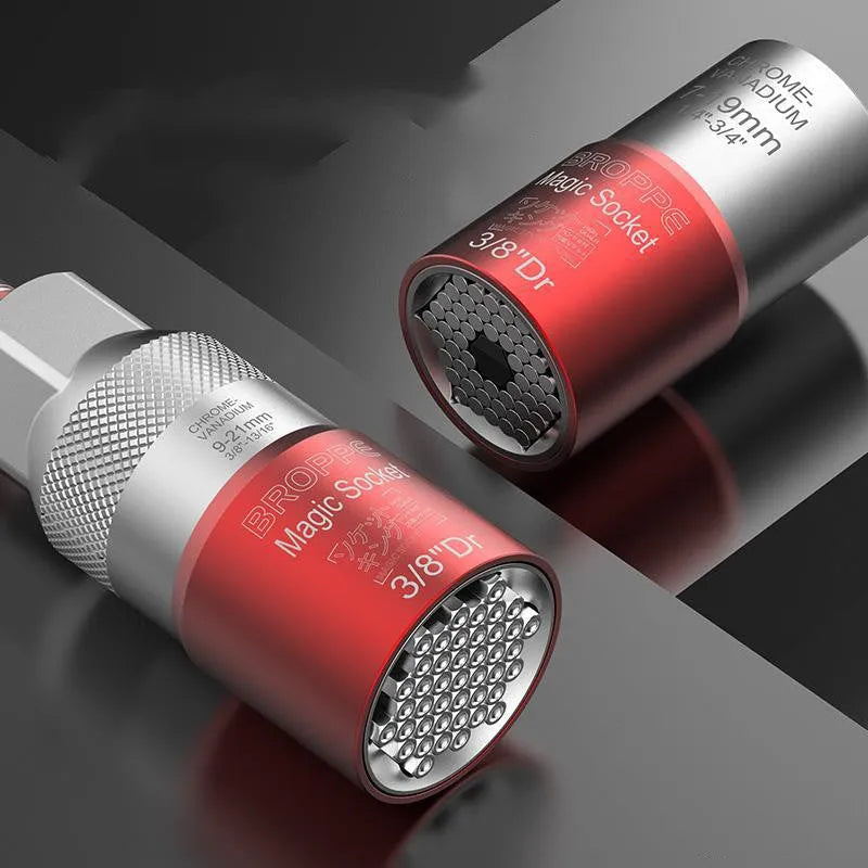 Red metric universal socket adaptor set with 7-19mm and 9-21mm sleeves