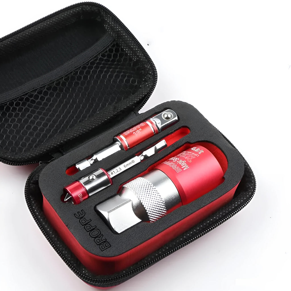 Red metric universal socket adaptor set with 7-19mm and 9-21mm sleeves