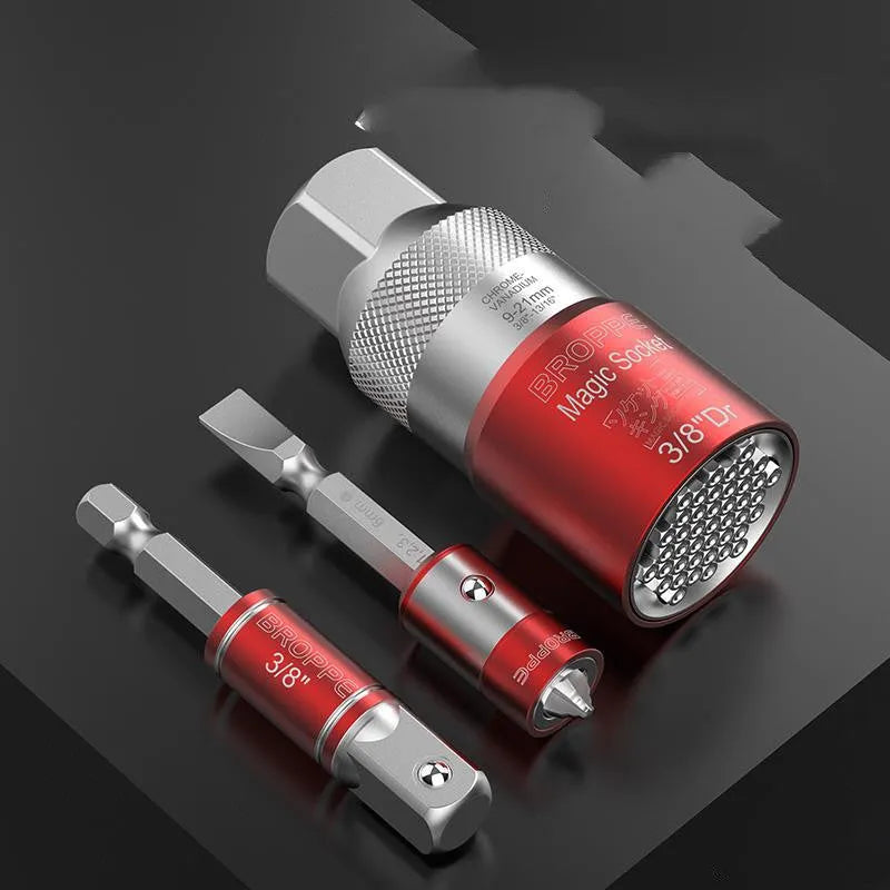 Red metric universal socket adaptor set with 7-19mm and 9-21mm sleeves