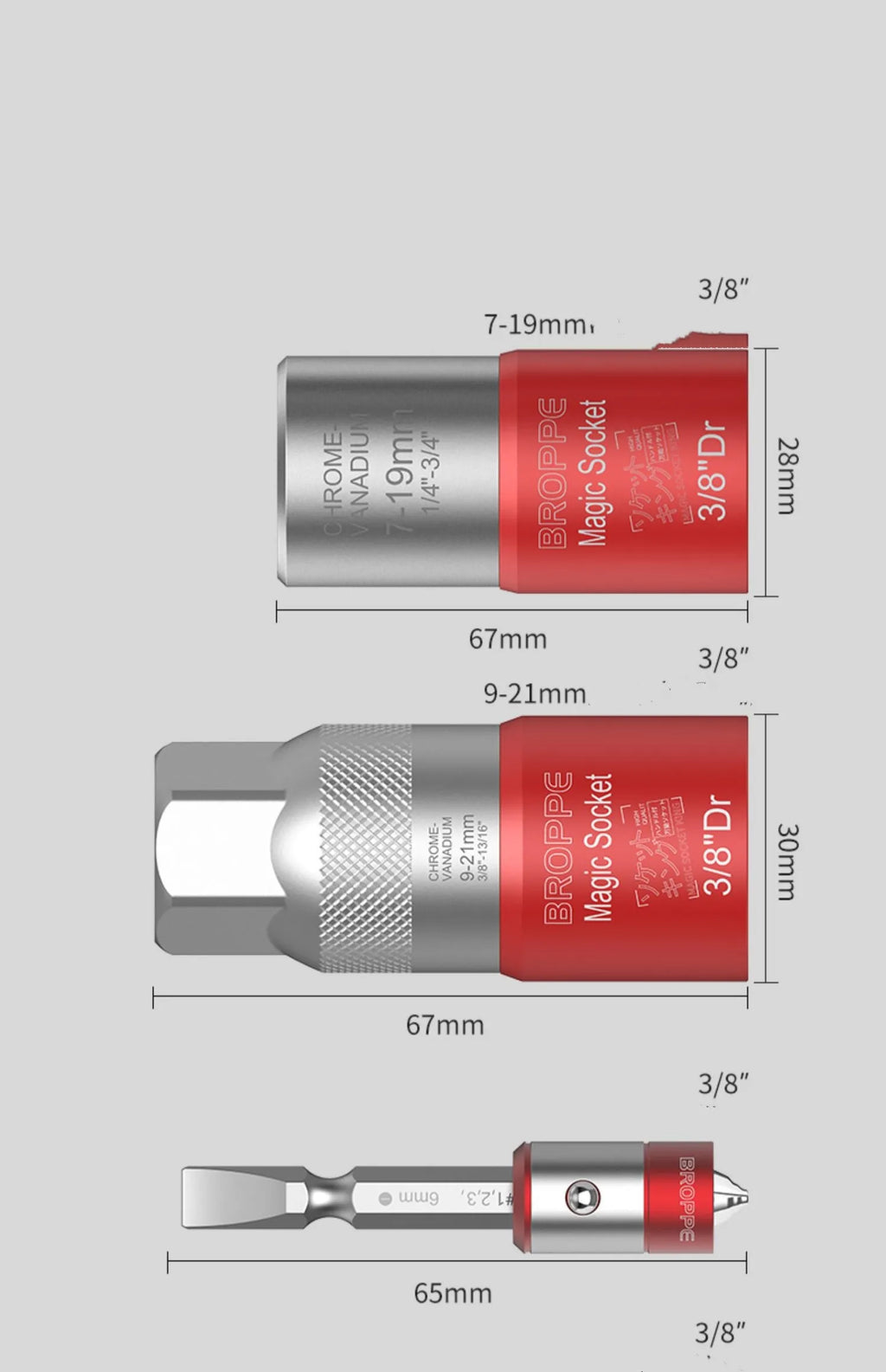 Red metric universal socket adaptor set with 7-19mm and 9-21mm sleeves