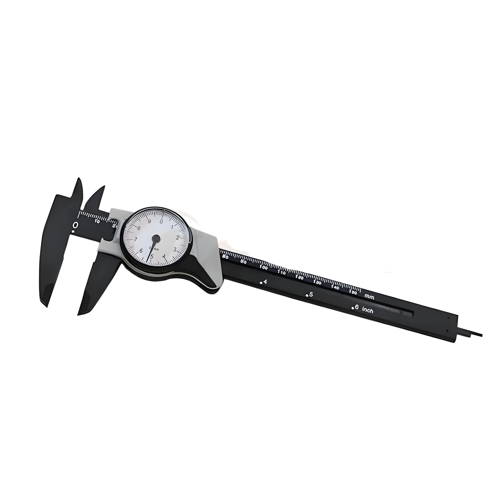 Black and white plastic vernier caliper with 0-150mm stainless steel scale showing 0.1mm precision markings