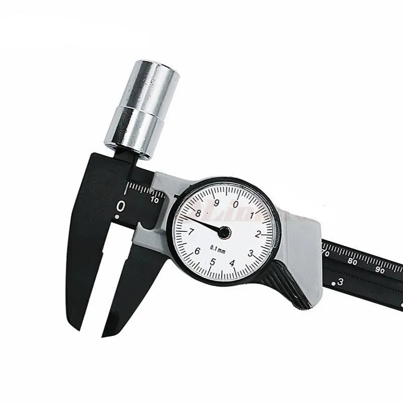 Black and white plastic vernier caliper with 0-150mm stainless steel scale showing 0.1mm precision markings