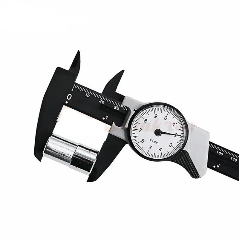 Black and white plastic vernier caliper with 0-150mm stainless steel scale showing 0.1mm precision markings