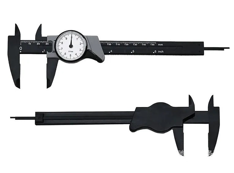Black and white plastic vernier caliper with 0-150mm stainless steel scale showing 0.1mm precision markings