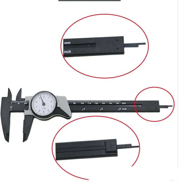 Black and white plastic vernier caliper with 0-150mm stainless steel scale showing 0.1mm precision markings