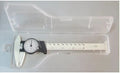 Black and white plastic vernier caliper with 0-150mm stainless steel scale showing 0.1mm precision markings