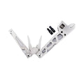 White stainless steel multi-tool with wrench, knife blade, and needle-nose pliers on a plain background.