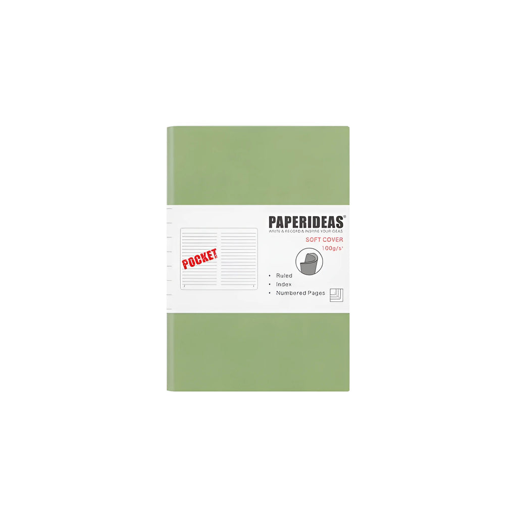 Soft leather A6 notebook open to blank pages, with imitation leather cover in black, fog blue, and avocado green options