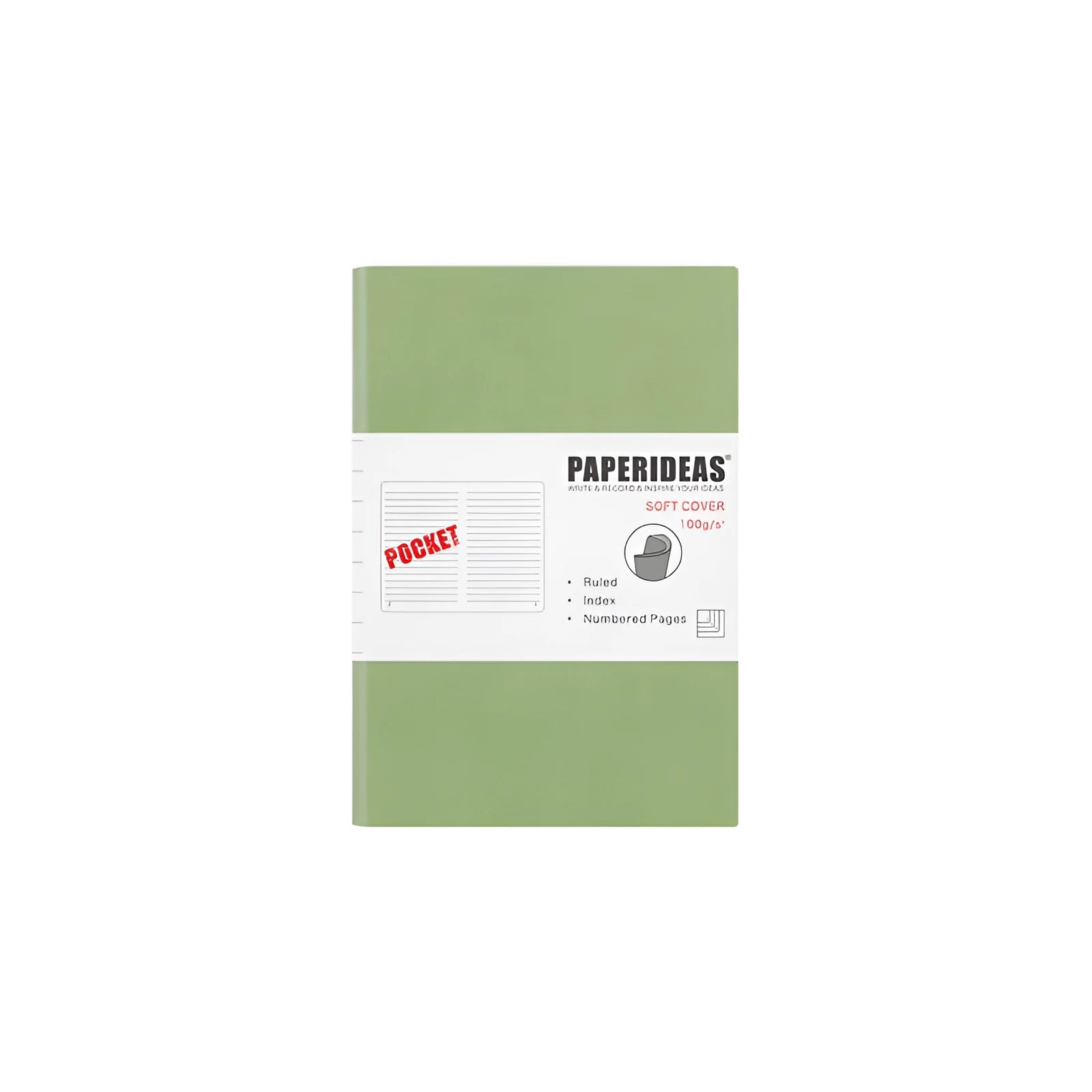 Soft leather A6 notebook open to blank pages, with imitation leather cover in black, fog blue, and avocado green options