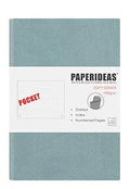 Soft leather A6 notebook open to blank pages, with imitation leather cover in black, fog blue, and avocado green options