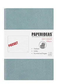 Soft leather A6 notebook open to blank pages, with imitation leather cover in black, fog blue, and avocado green options