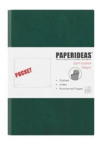 Soft leather A6 notebook open to blank pages, with imitation leather cover in black, fog blue, and avocado green options