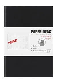 Soft leather A6 notebook open to blank pages, with imitation leather cover in black, fog blue, and avocado green options