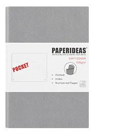 Soft leather A6 notebook open to blank pages, with imitation leather cover in black, fog blue, and avocado green options