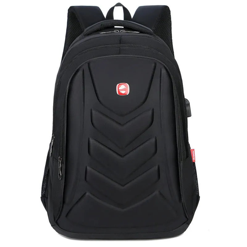 Hard shell computer backpack in square vertical shape, available in black, grey, and purple colours