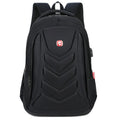 Hard shell computer backpack in square vertical shape, available in black, grey, and purple colours