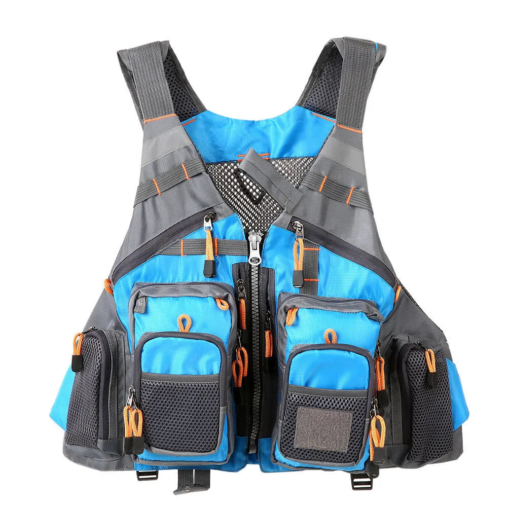 Grey ripstop polyester fishing life jacket with multiple pockets, MOLLE panels, and reflective strips on a mannequin.
